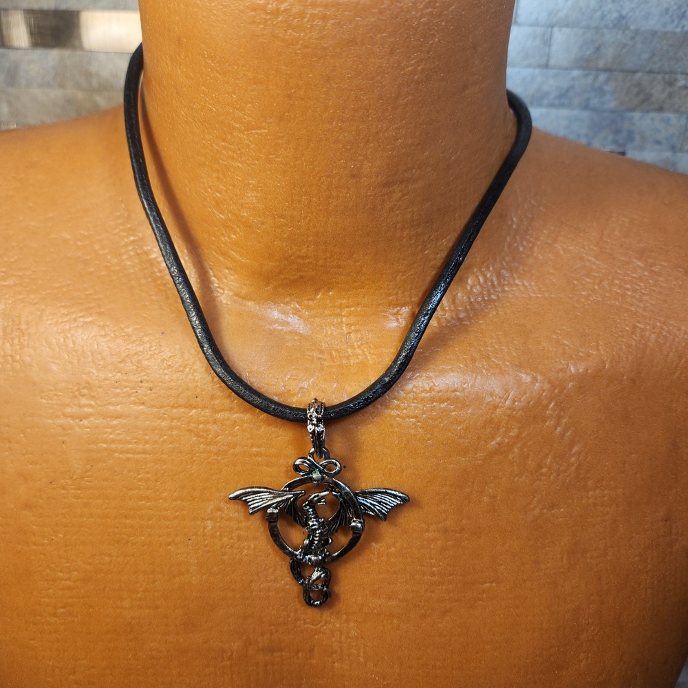 Vtg Gothic Skeletal Dragon Pendant Necklace Black Leather Cord Toggle Clasp 18in